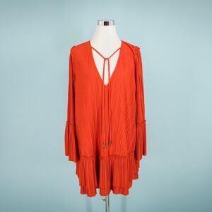 Free People Size Small S Red Can't Help It Mini Pleated V Neck Long Sleeve Dress